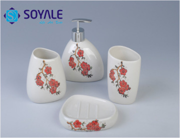 2015 Fashion Red Flower Design Ceramic Bathroom Accessories Set