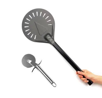 kitchen scratch-resistant stainless steel pizza cutter wheel and aluminum turning pizza peel perforated pizza peel set