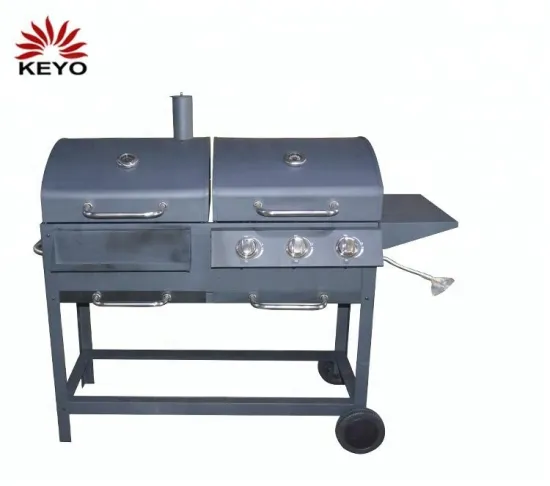 Double Cooking Area Height Adjustable Gas Grill Rectangle Barbecue Bbq Combo Charcoal Trolley Bbq Grill