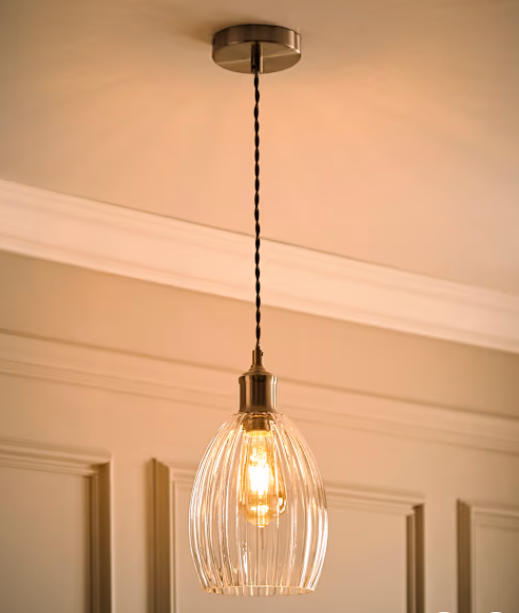 Brushed Chrome and Ribbed Glass Pendant Ceiling Light (4)