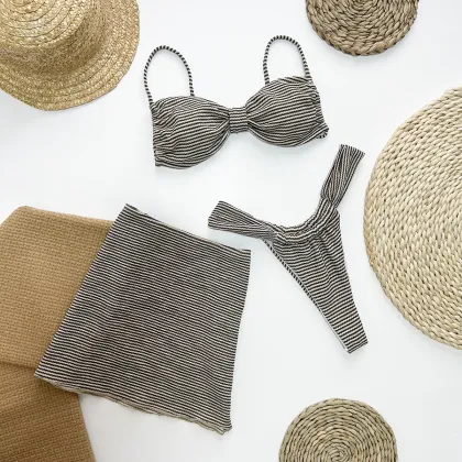 2025 Striped Bikini Set with Skirt and Push-Up Top