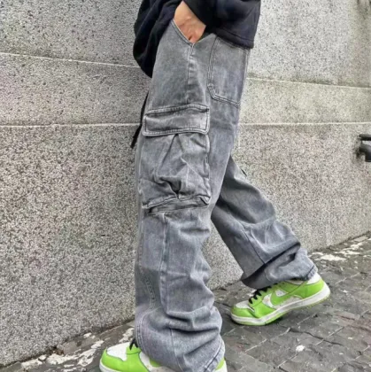 Men Cargo Work Pants Stone Wash Jeans