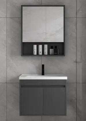 Corner Mounted Simple Modern Solid Wood Bathroom Cabinet with Integrated Ceramic Basin