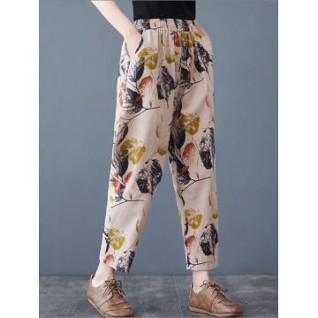 Women vintage cotton linen printed pants casual pants