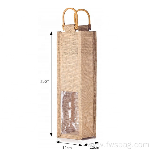 Promotion Custom Durable Recycle Single Bottle Jute Holder See-through PVC Window Burlap Wine Bags with Bamboo Handle