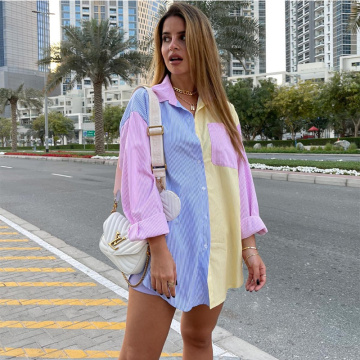 Color Block Long Sleeve Button Blouses