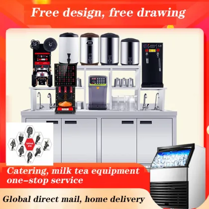 Commercial Milk Tea Shop Equipment: Full Set of Milk Tea Operation Table with Machine, Refrigerator, and Ice Maker