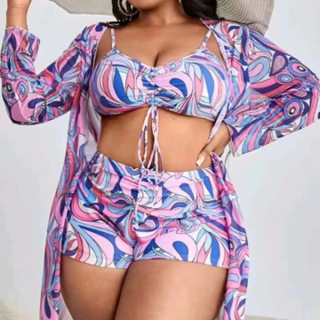 Womens Floral Print 3 Piece Bikini Sets with Long Sleeve Cover Ups