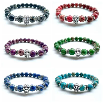 Imperial Jasper Skull Bracelet: 7 Chakra Natural Gemstone Bead Bangle Jewelry for Men and Women