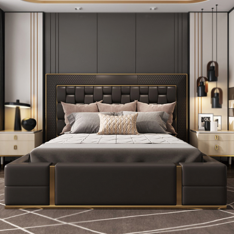 Móveis de luxo moderno Móveis de couro King Size Cama alta para trás Base de aço inoxidável dourado com armazenamento