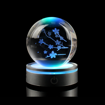 Crystal 3D láser grabado con cereza oriental sakura bola de vidrio con base LED