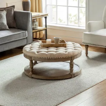 Large Round Faux Leather Button Tufted Ottoman Coffee Table for Living Room