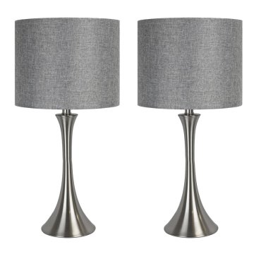 Modern Brushed Nickel Bedside Table Lamps with Gray Linen Fabric Drum Shades