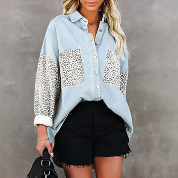 Womens Contrast Leopard Denim Jacket Blouses