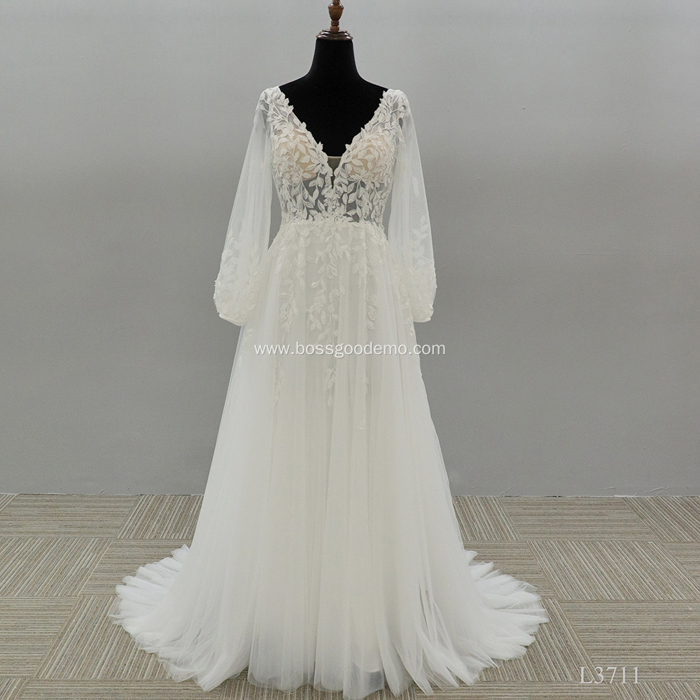 Classic Women Vintage Ball Gown Elegant wedding dress long sleeve lace