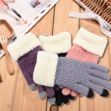 Women Gloves Winter Woolen Knitted Gloves Touch Screen Mittens Keep Warm Female Winter Full Finger Stripe Gloves Fashion Autumn
