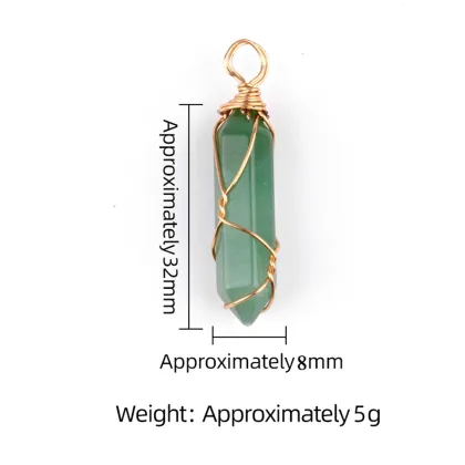 Green Aventurine Hexagonal Pointed( 8x32mm) Pendant Wrapped Gold Wire Necklace 45cm Black Cord