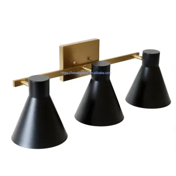 3-Light Satin Brass Modern Contemporary Wall Bathroom Vanity Light with Black Metal Shades