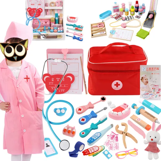 Toys for Children Girl Boy Kids Pretend Play Wood Doctor Toys Red Medical Kit Dentist Medicine Box Sets Cloth Bag Packing Games