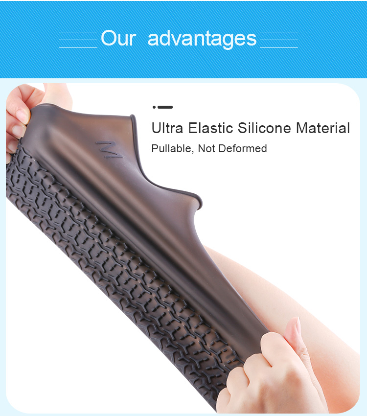 Silicone waterproof shoe cover suitable for people of all ages, keep your shoes dry, clean in mud spattered, rain and snow. Silicone waterproof shoe cover also equipped with Equipped with grooves for increased friction to prevent slippage.Therefore, it can adapt to most scenarios High strength and High elastic makes sure that it will not tear when being pulled,Shoe covers made of 100% high elastic silicone materials . Great waterproof and Thickened slip-resistant performance Silicone waterproof shoe cover advantage, Reusable, Durable, Anti-slip, Eco-Friendly, Multipurpose, Easy clean, Not mildew, Folding, Water proof over shoes cover for in rain, slush, snow, mud/ puddles .   This shoe & boot cover made of 100% premium non-toxic silicone rubber, which ensures durability for use and environmental protection.