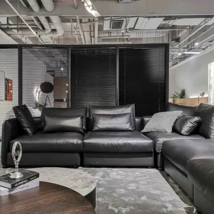 Living room sofa of solid wood leather