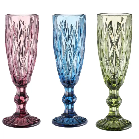 Vintage Style Pressed Embossed Glassware: Wholesale Collection of Champagne Flutes and Wine Goblets - Perfect for Weddings and Events (5 oz, 10pcs)