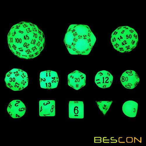 Bescon Super Glowing in Dark Juego de dados RPG poliédrico completo 13 piezas D3-D100, juego de dados luminosos de 100 lados