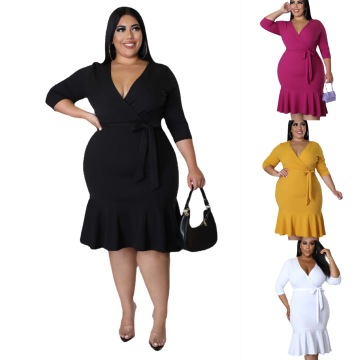 2024 Plus Size Women's Deep V Ruffled Cuffs Elastic Half Sleeves Dress