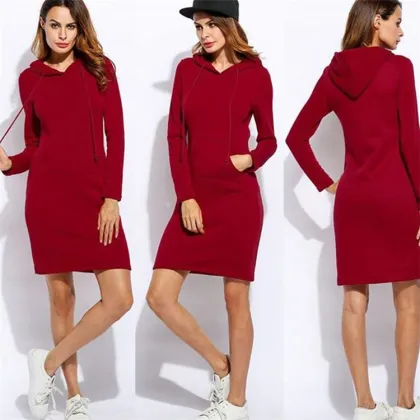 100% Polyester Women's Slim Fit Hooded Sweatshirt Dress
