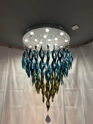 Mission Style Blue and Gold Stained Glass Chandelier