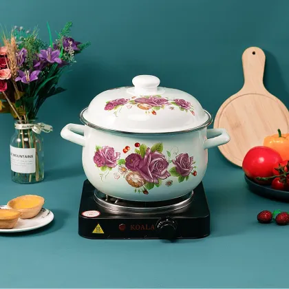 Purple Eternal Rose Cast-Iron Enamel Casserole Table Cookware Pot Set