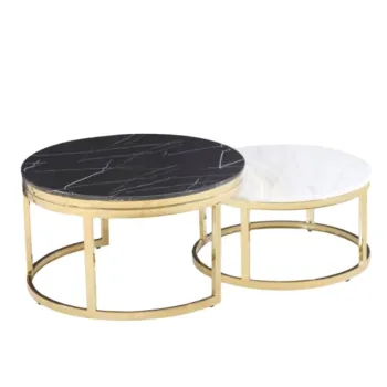 Customizable Marble Coffee Table with Metal Base, Gold Round Stainless Steel Top, and White Glass - Modern Living Room Furniture