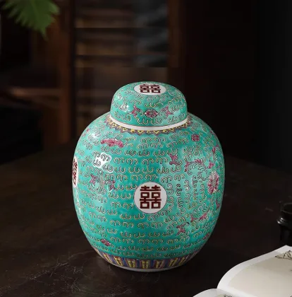 Antique Chinese Hand-Painted Double Happiness Ceramic Tea Canister