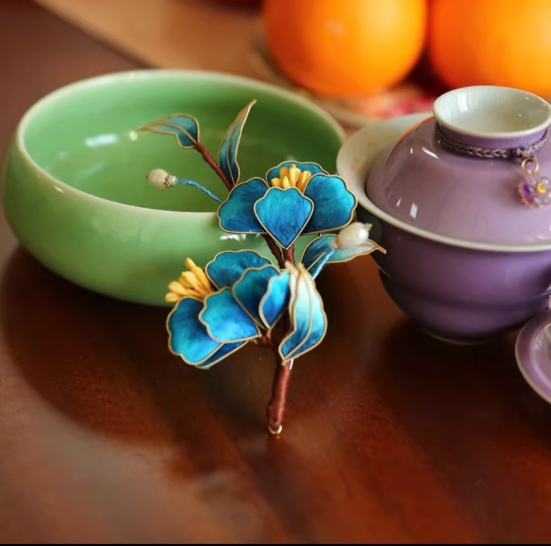 Blue national style peony velvet flower brooch