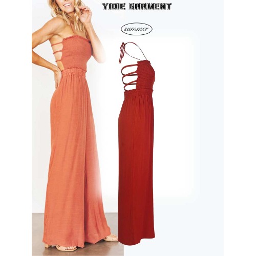 Cheesecloth Shirred Open Back Maxi Jumpsuit