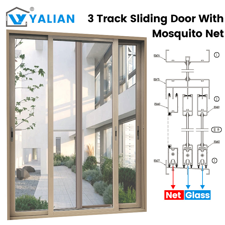 Tempered Glass Triple Track Modern Aluminum Sliding Door