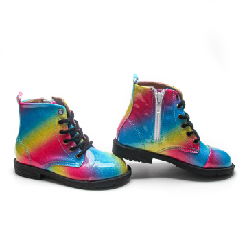 Botas de couro de patente de glitter da moda do arco-íris