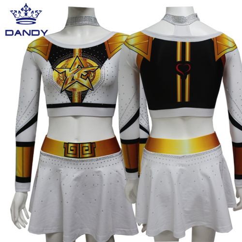 White and gold sublimated cheer uniforms