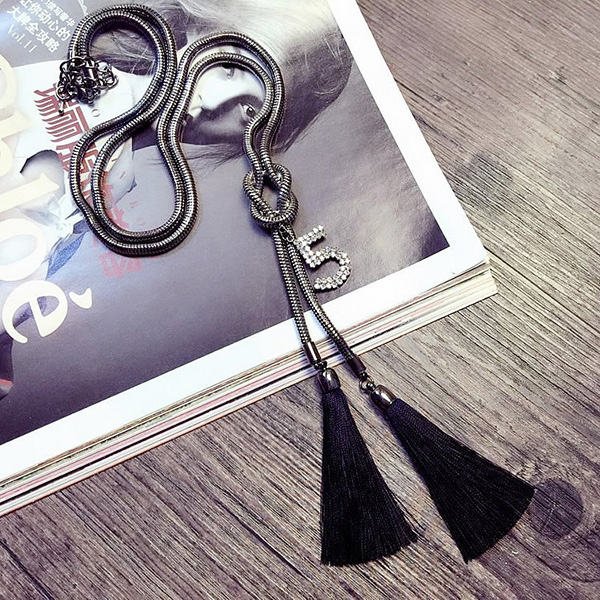 silk tassel necklace, figure necklace, chain necklace, hematite necklace