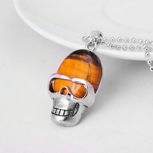 Tiger eye Skull Gemstone Pendant Necklace with Silver chain
