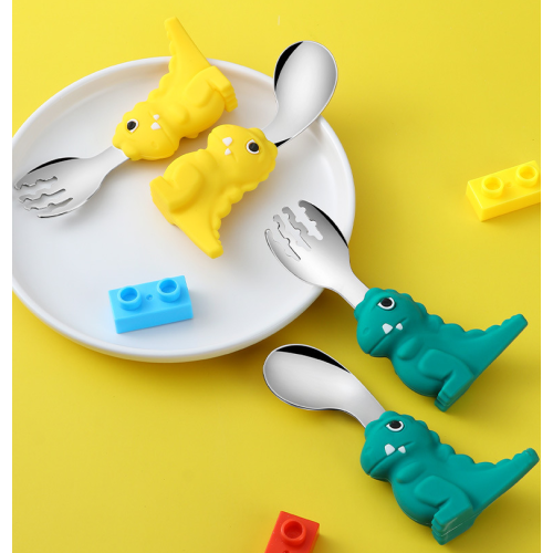 Fork dan sendok bayi silikon berbentuk dinosaurus