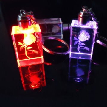 Beautiful 3D laser rose crystal keychain with led light for wedding gift