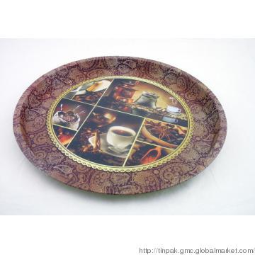 Round tin tray, tin serving tray
