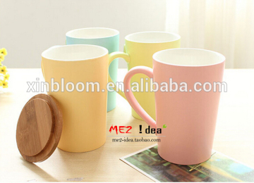 eco life colorful matte leaf pattern ceramic mug with bamboo cover