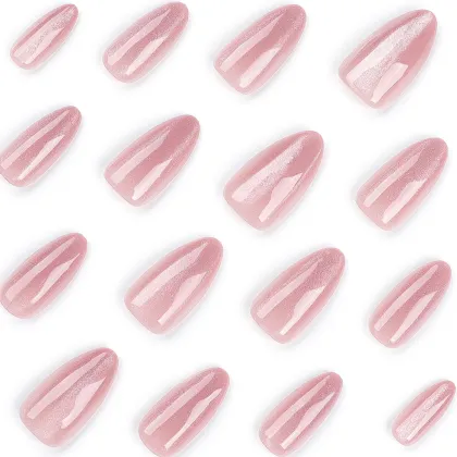 Hot Sale: 24pcs Shiny Pink Artificial Fingernails Set - Adhesive Stick-on Nails Tips Kit for Short False Nails