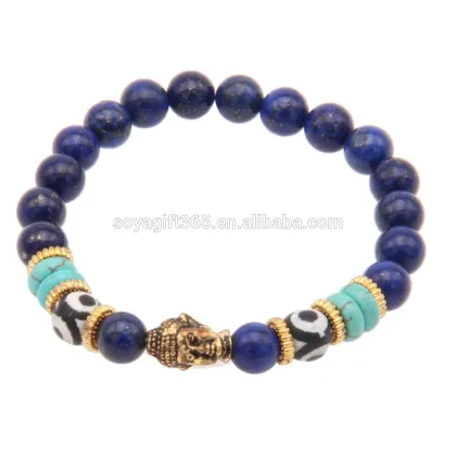 Blue Beads Buddha Bracelet Gold Spacer Bead Religion Tibet Charm Jewelry