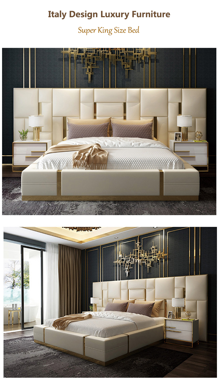 Mga kasangkapan sa silid -tulugan na katad King size master bed room luxury royal leather malaking headboard silid -tulugan para ibenta