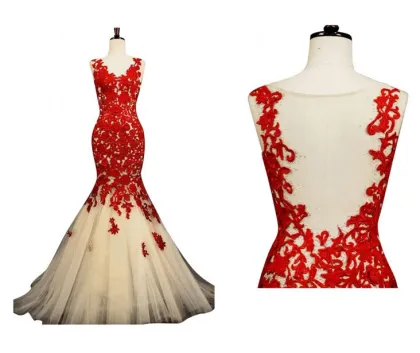 Red Lace Bridal Gown 2015 Mermaid Wedding Dress