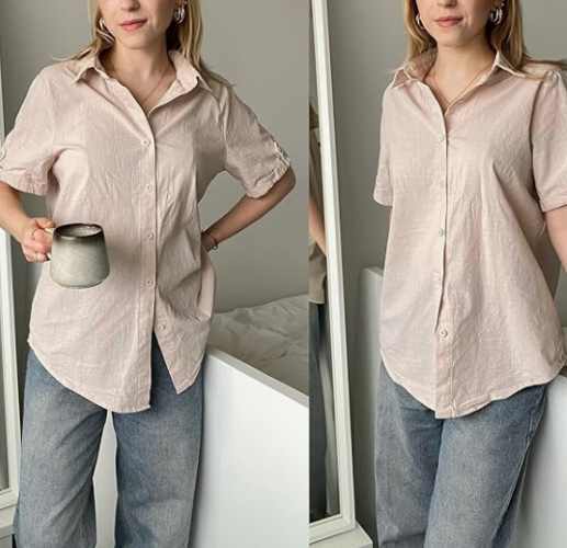 Women's linen button-down shirt with rolled-up short sleeves