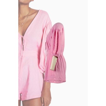 Skin-friendly V Neckline Puff-Sleeved Cotton Linen Romper